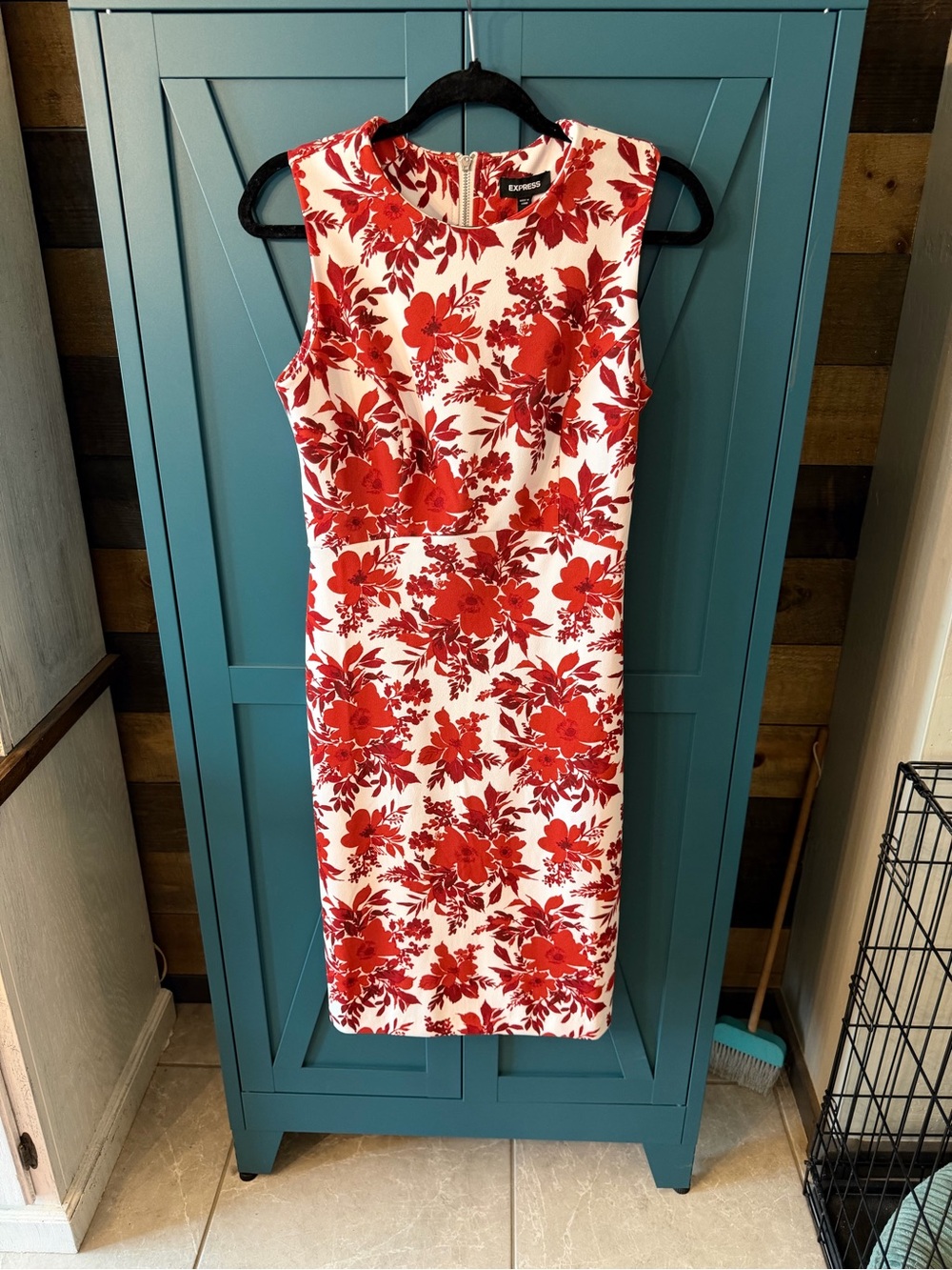 Express White Midi Dress with Red Floral Print